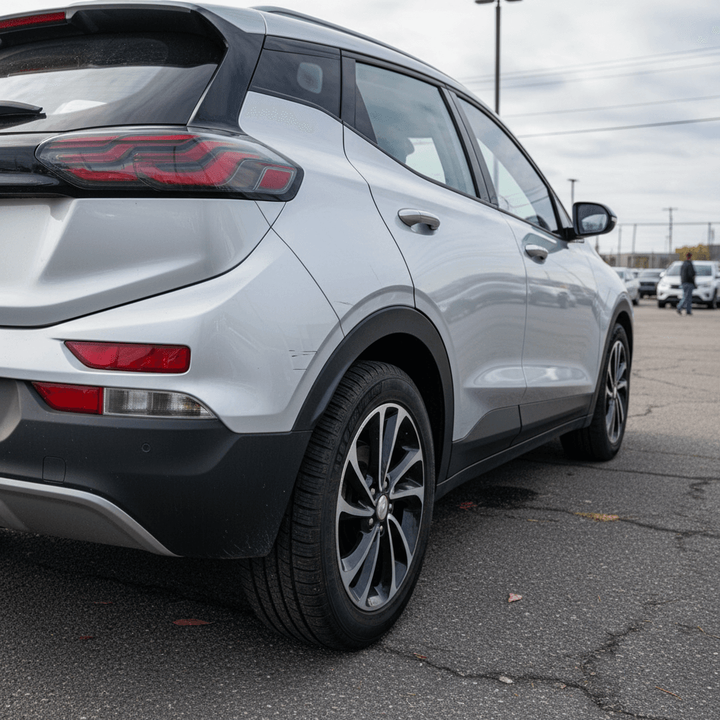Used Chevrolet Bolt EUV parked on a dealer lot, showing condition and tread wear on tires