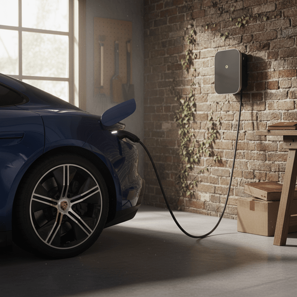 Porsche Taycan plugged into a home wallbox charger, showing charging status on the port LED