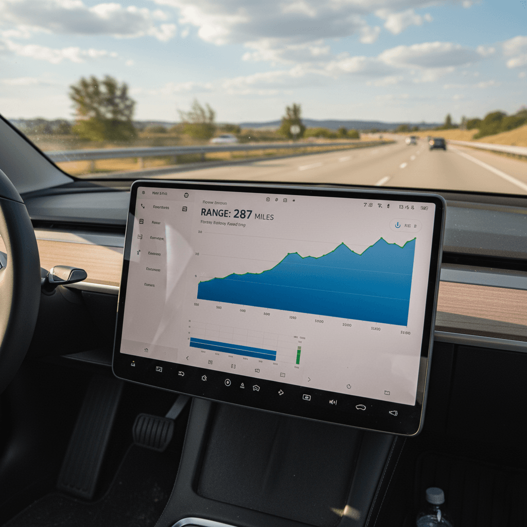 Tesla Model Y interior touchscreen showing live energy consumption and estimated remaining range during a highway drive
