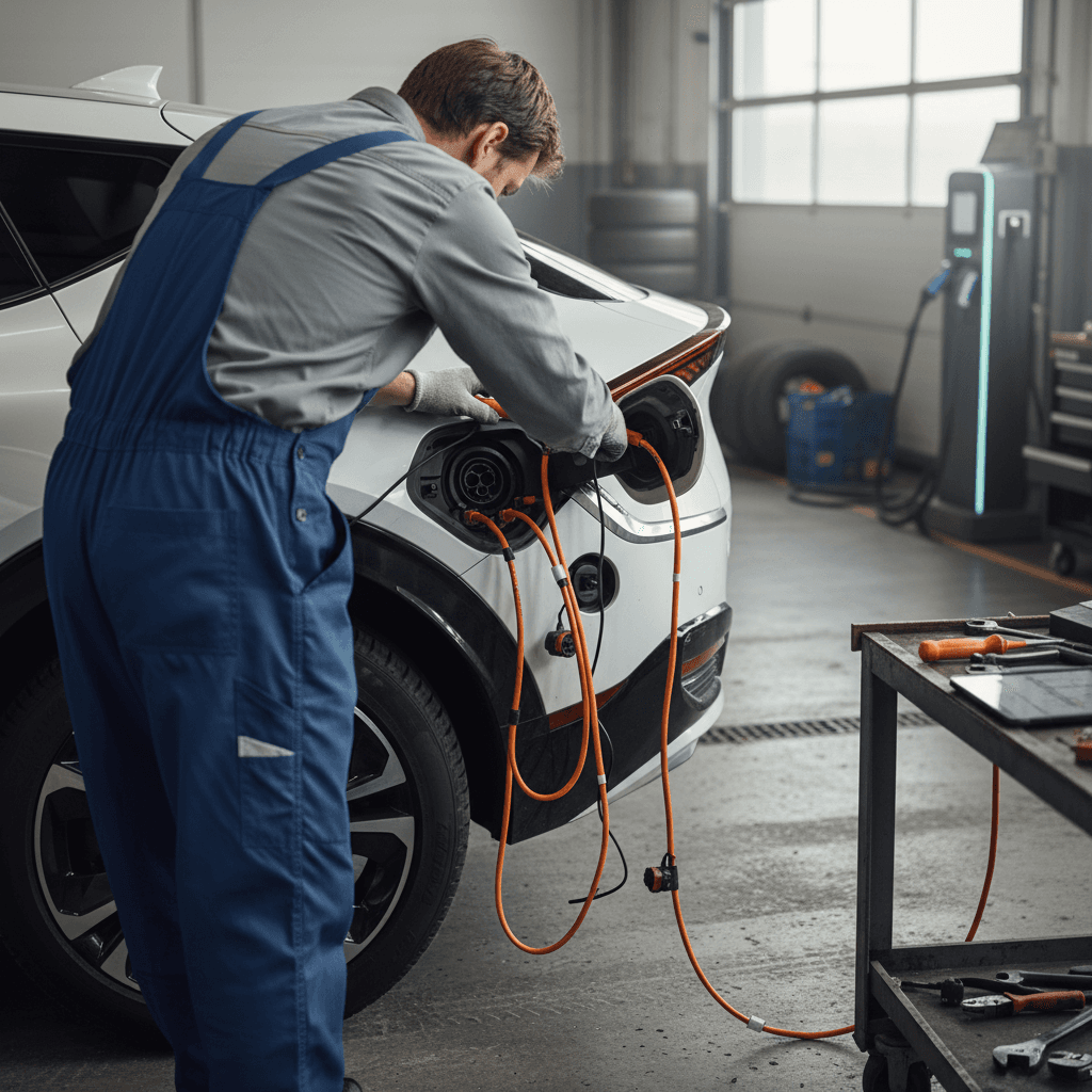 Technician checking a Kia EV6 charge port and cable at a service center