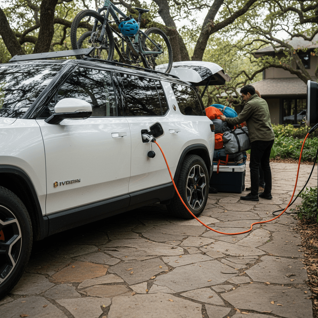 A 2025 Rivian R1S charging in a suburban driveway while a family loads camping gear, illustrating real-world home charging use.