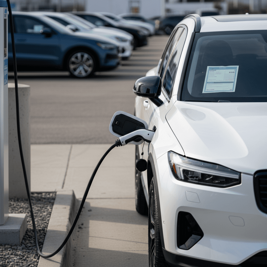 2025 Volvo EX90 parked at a dealer lot, charging with a cable plugged in next to a visible price tag in the windshield