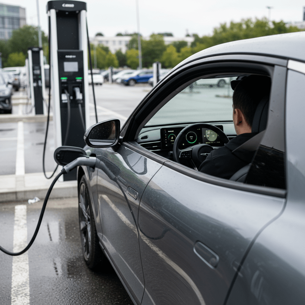 Genesis GV60 plugged into a DC fast charger while the driver checks real‑time range and charging data on the center screen