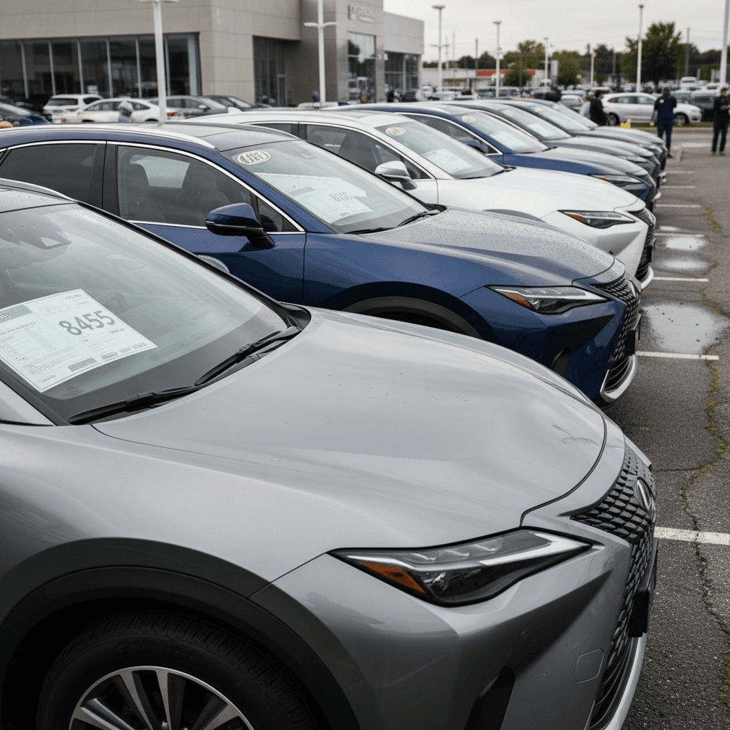 Used Lexus RZ 450e SUVs lined up at a dealership lot, emphasizing resale value and pricing differences.