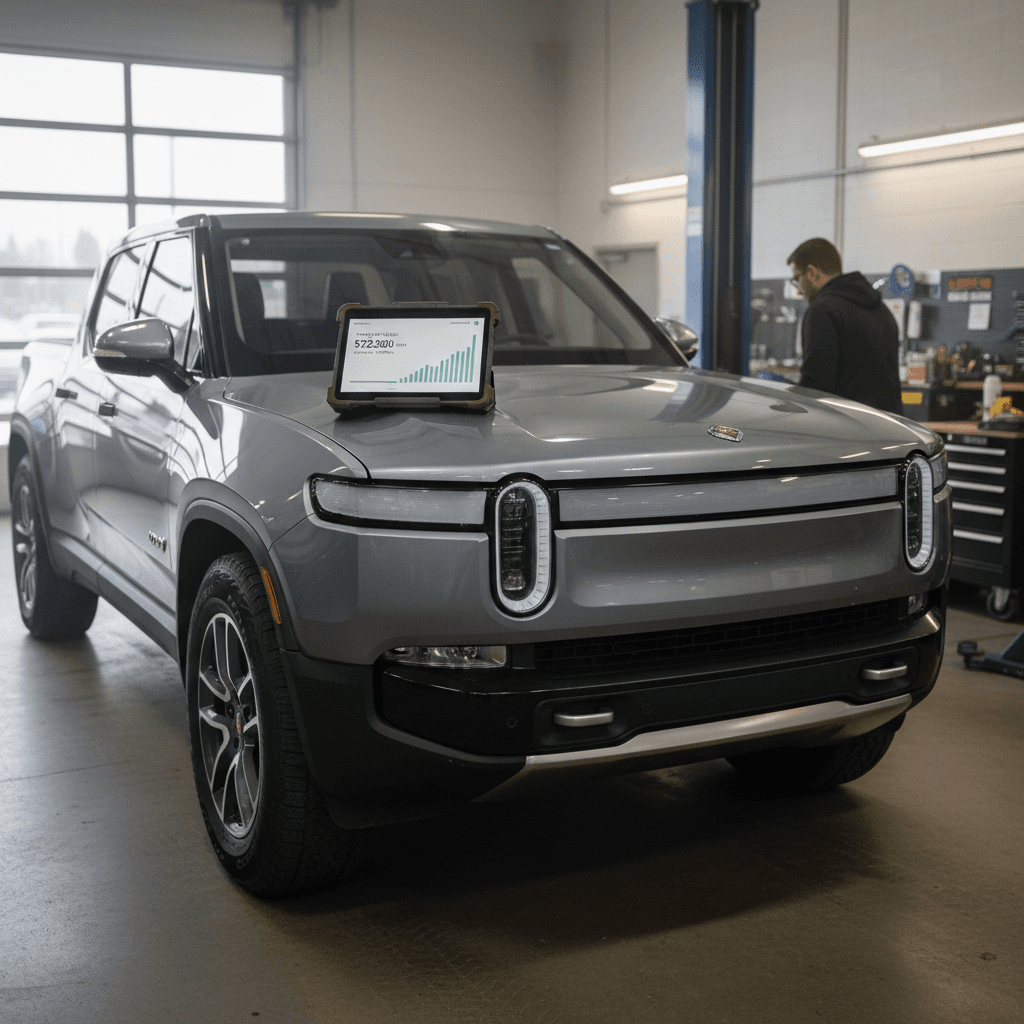 Appraiser using a tablet to evaluate a 2023 Rivian R1T and review its battery health and condition for trade-in value