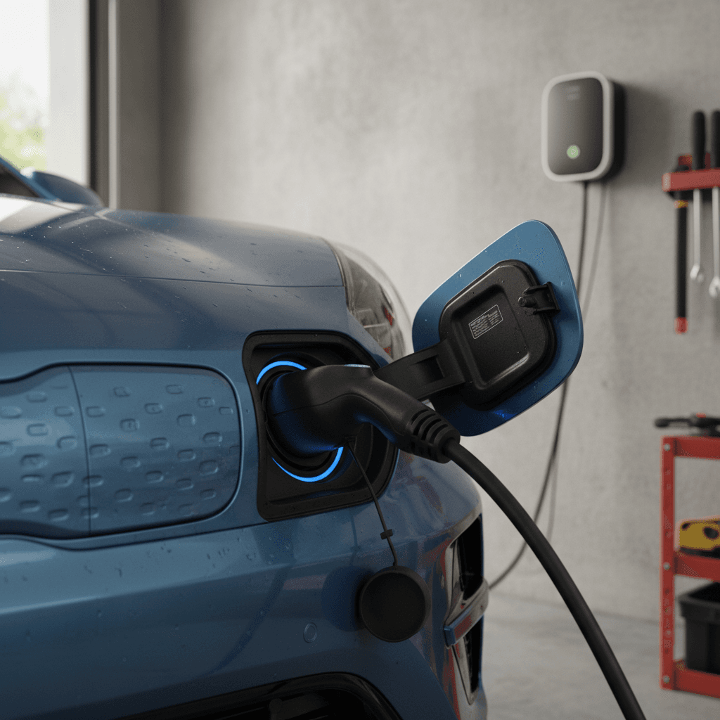 Close-up of a 2023 Kia Niro EV plugged into a Level 2 home wallbox charger in a garage