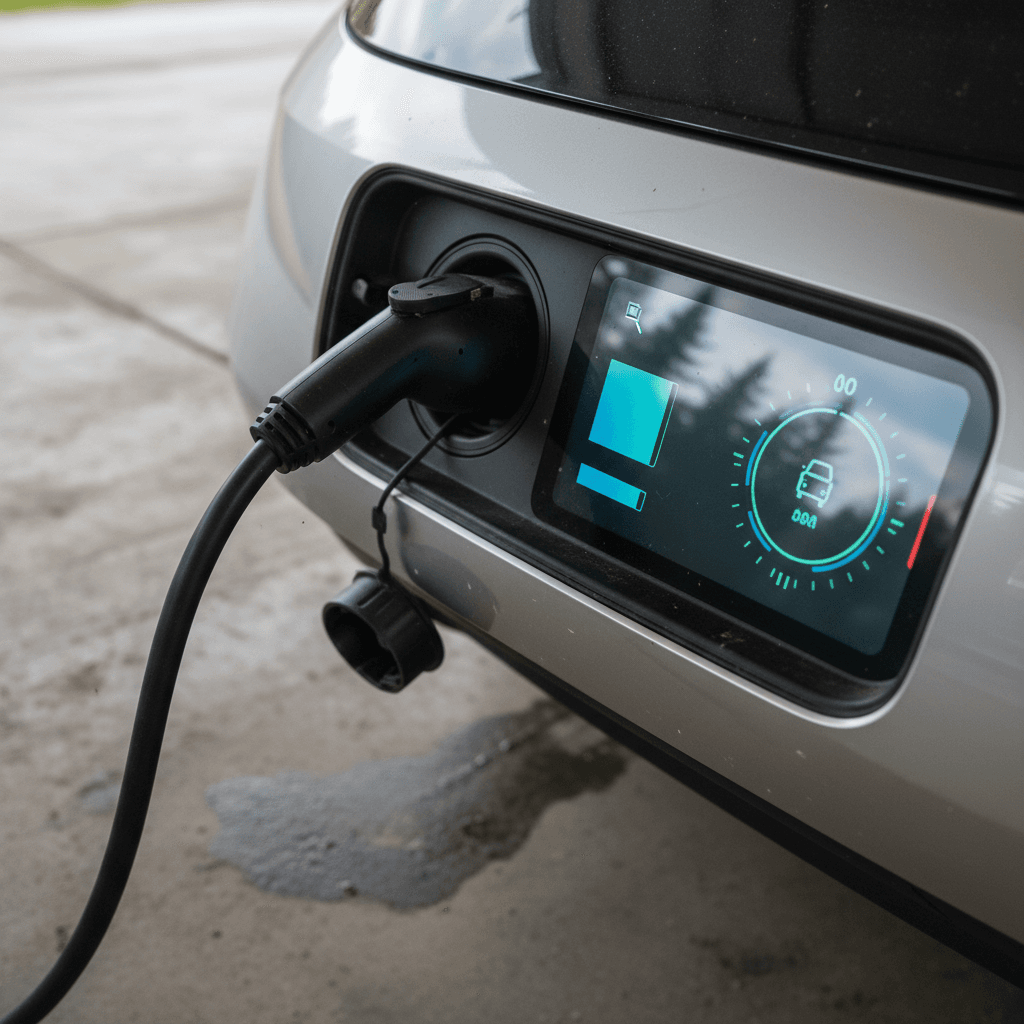 EV driver looking at on-screen battery health and range estimate before buying a used electric car