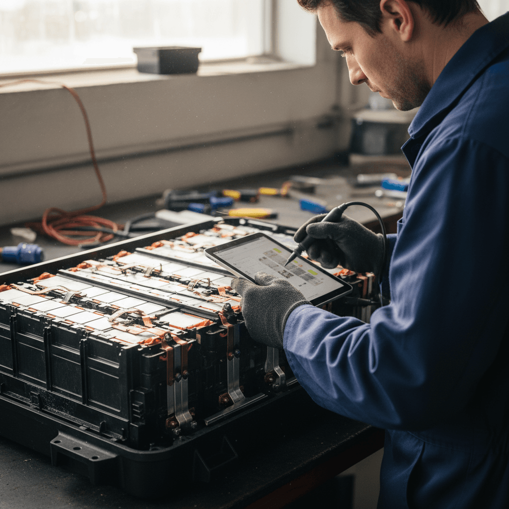 Technician inspecting the underside and battery area of an electric vehicle on a lift