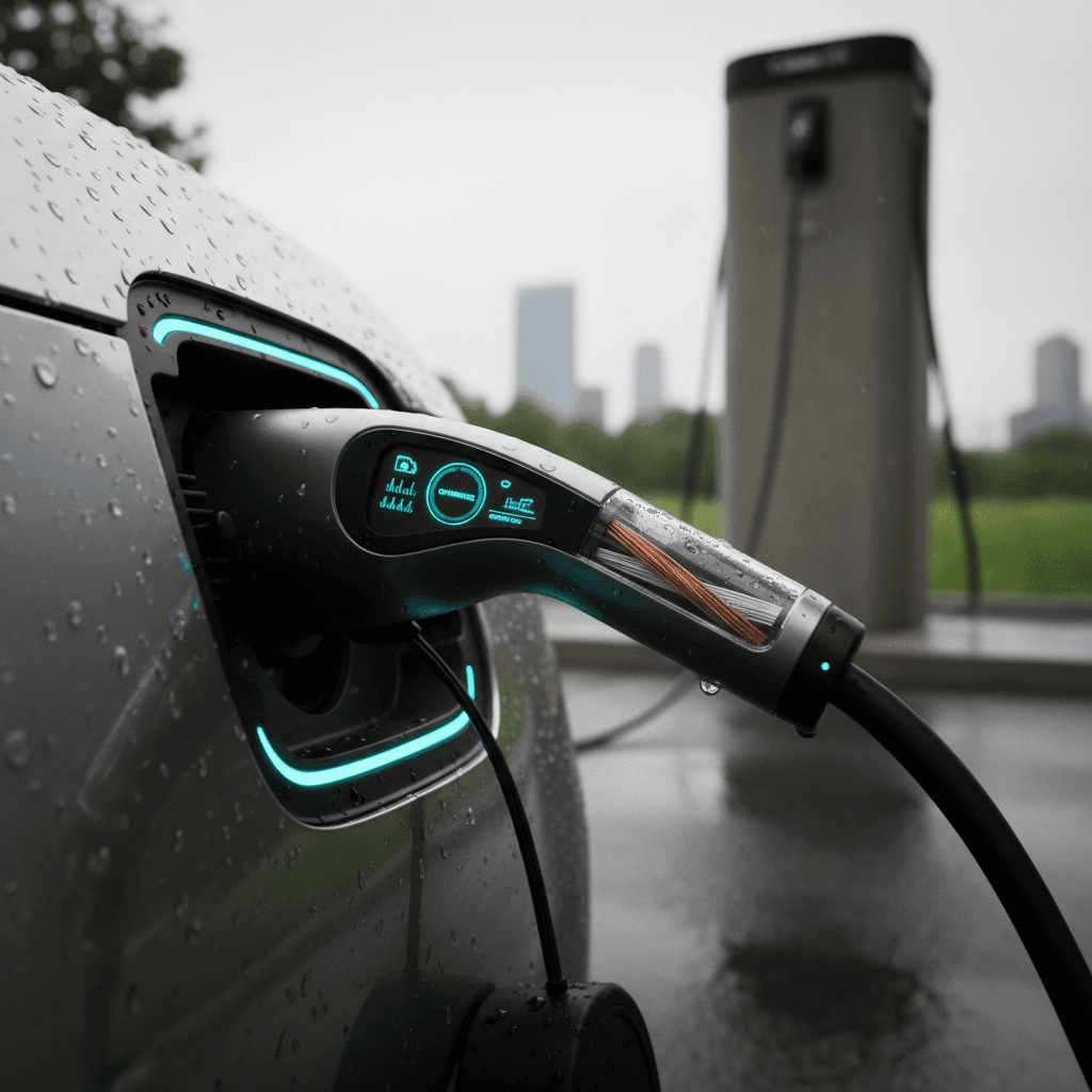 Technician using a tablet to review an electric vehicle battery health report in a workshop