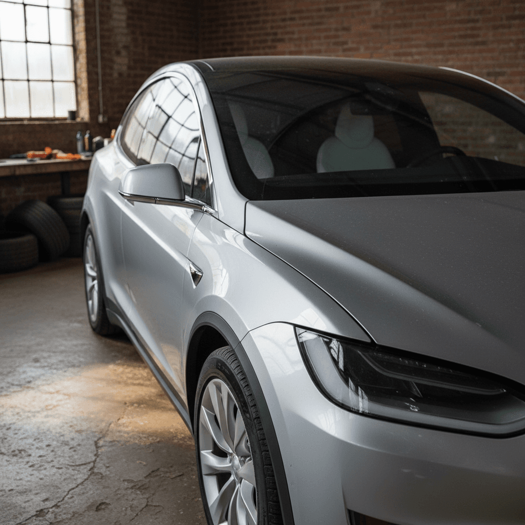 Close-up of a 2021 Tesla Model X showing door alignment and trim fit around the front fender and headlight