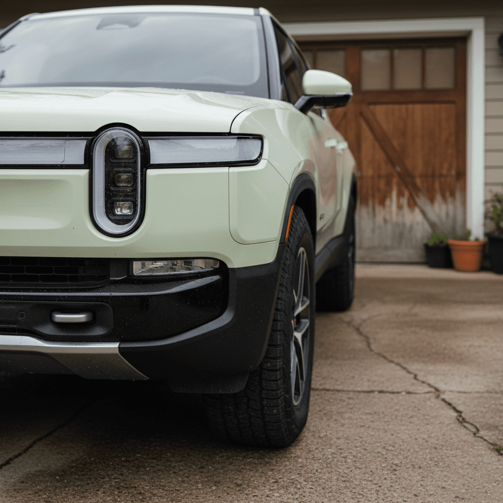 Used 2022 Rivian R1S parked in a driveway during a pre-purchase inspection, showing panel alignment and trim