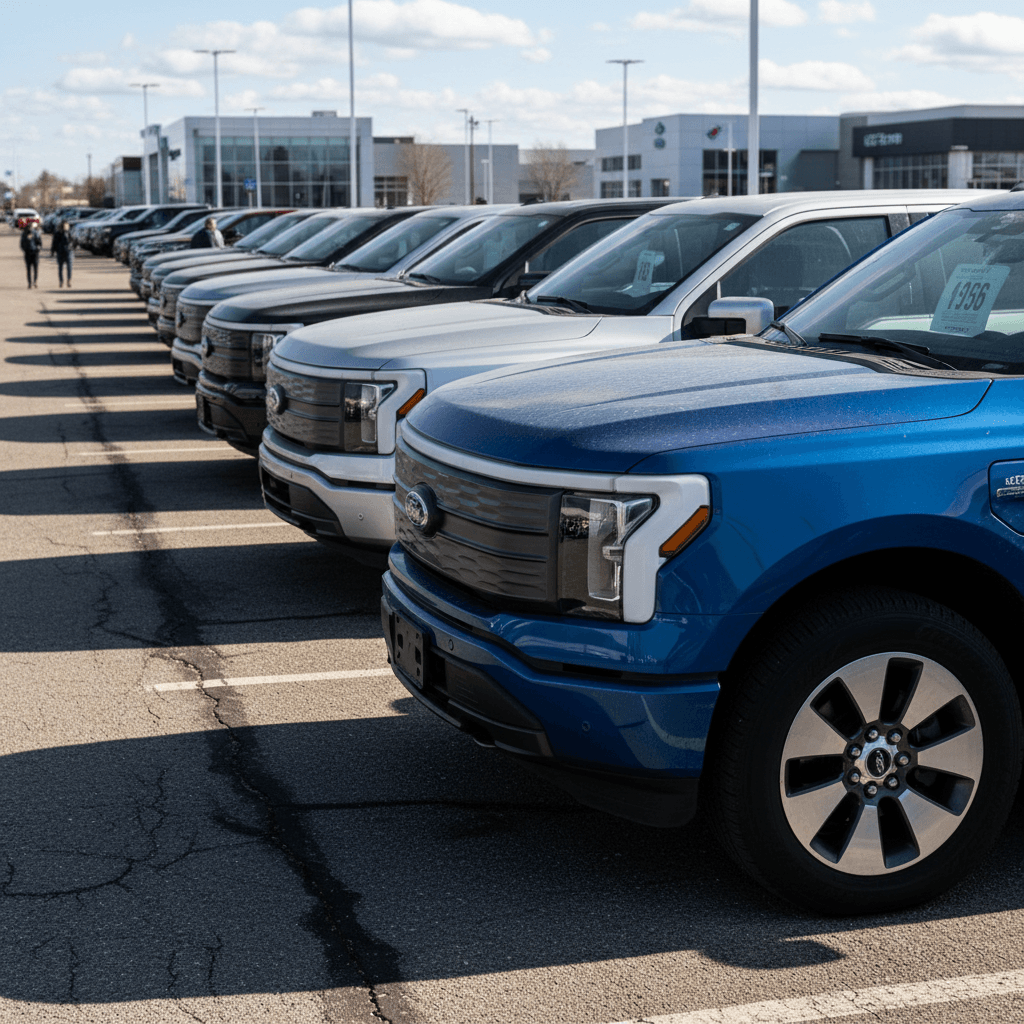 Row of used Ford F-150 Lightning electric pickups on a dealer lot with price stickers in the windshields