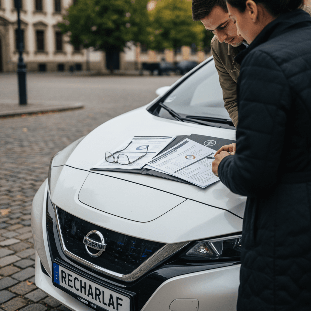 Insurance agent and Nissan Leaf owner discussing coverage options beside a parked Leaf