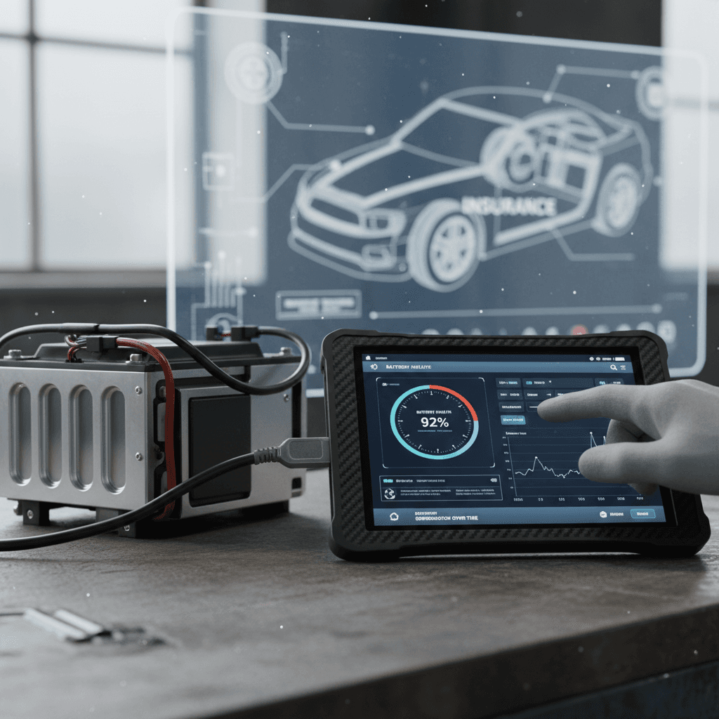 Technician inspecting an EV battery pack on a lift in a service bay