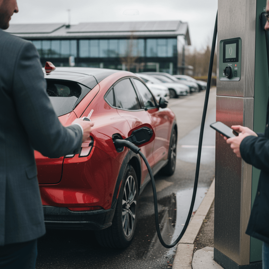 Seller reviewing a battery health report for a 2021 Ford Mustang Mach-E with a buyer at a charging station