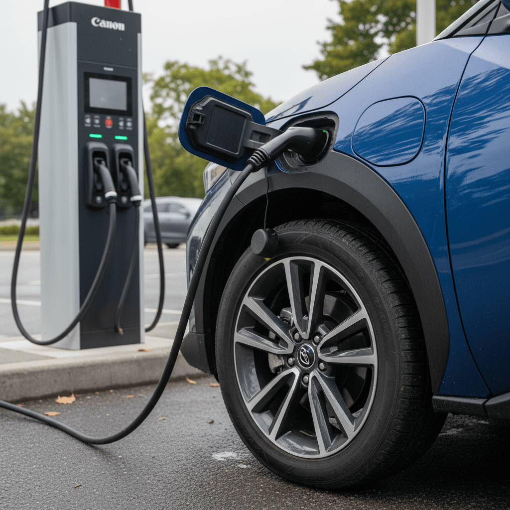 2023 Toyota bZ4X charging at a DC fast charger with detail on the wheel and charge door