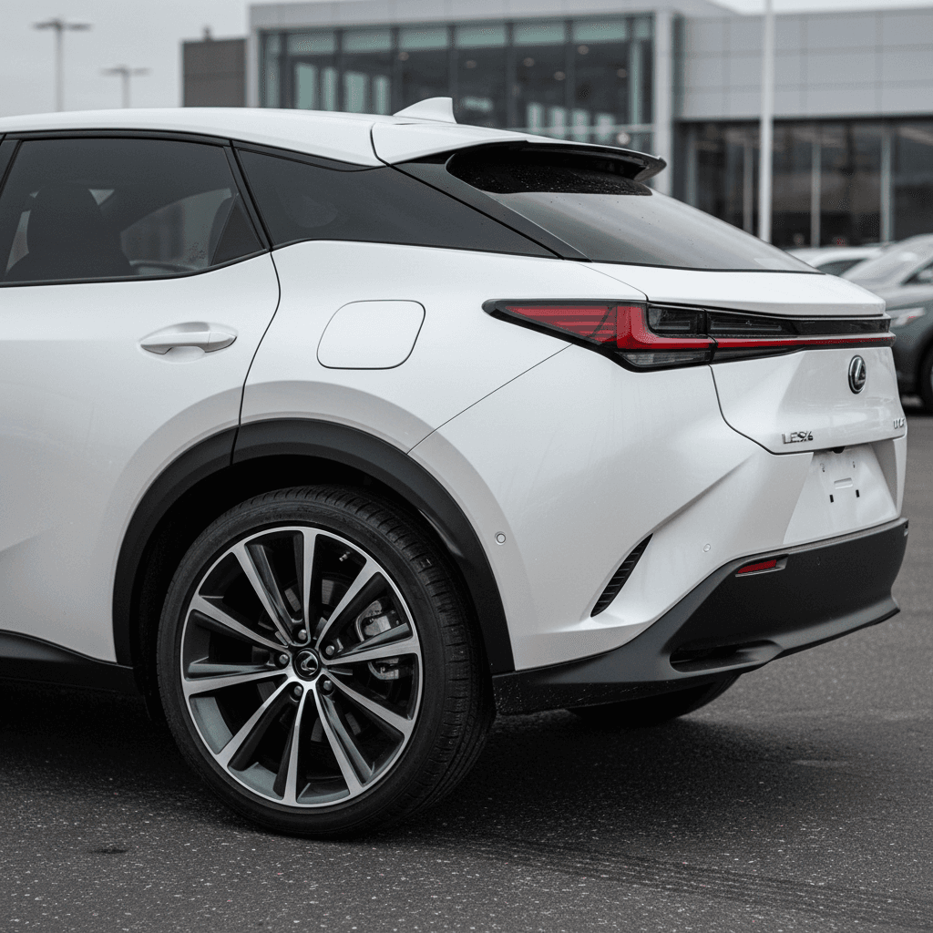Lexus RZ 450e parked in a dealership row, highlighting its premium electric SUV design