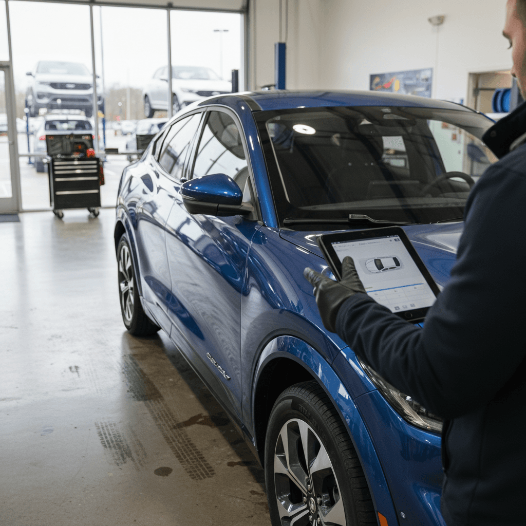 Ford Mustang Mach-E being appraised for trade-in with salesperson reviewing battery health and condition on a tablet