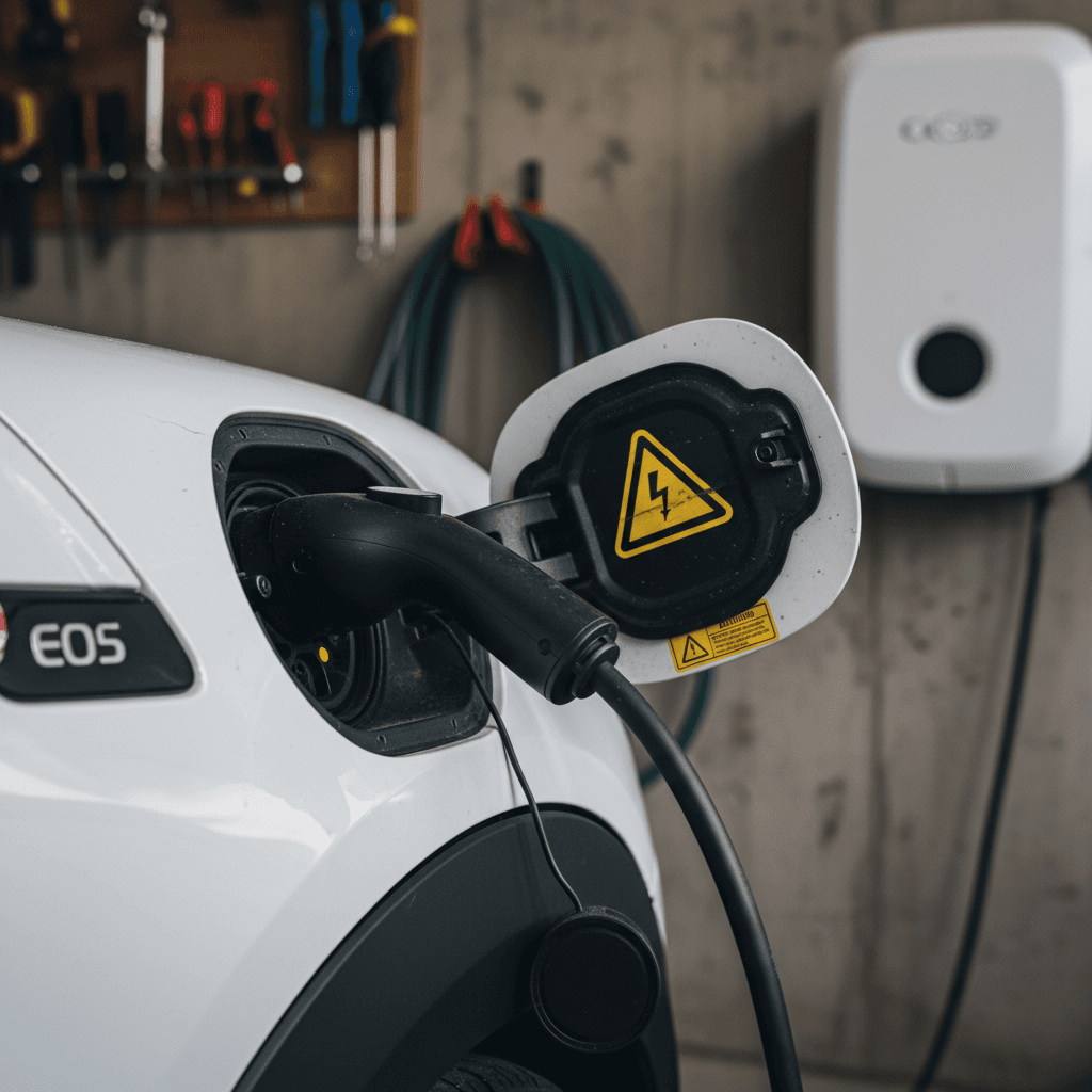 Close-up of a Mini Cooper SE charge port with high-voltage battery warning label visible while the car is plugged into a home wallbox