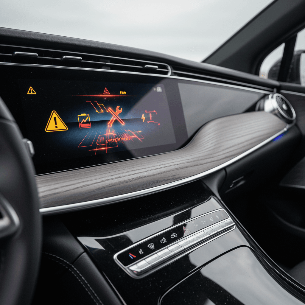 Mercedes EQS digital instrument cluster showing multiple system warning lights illuminated at once