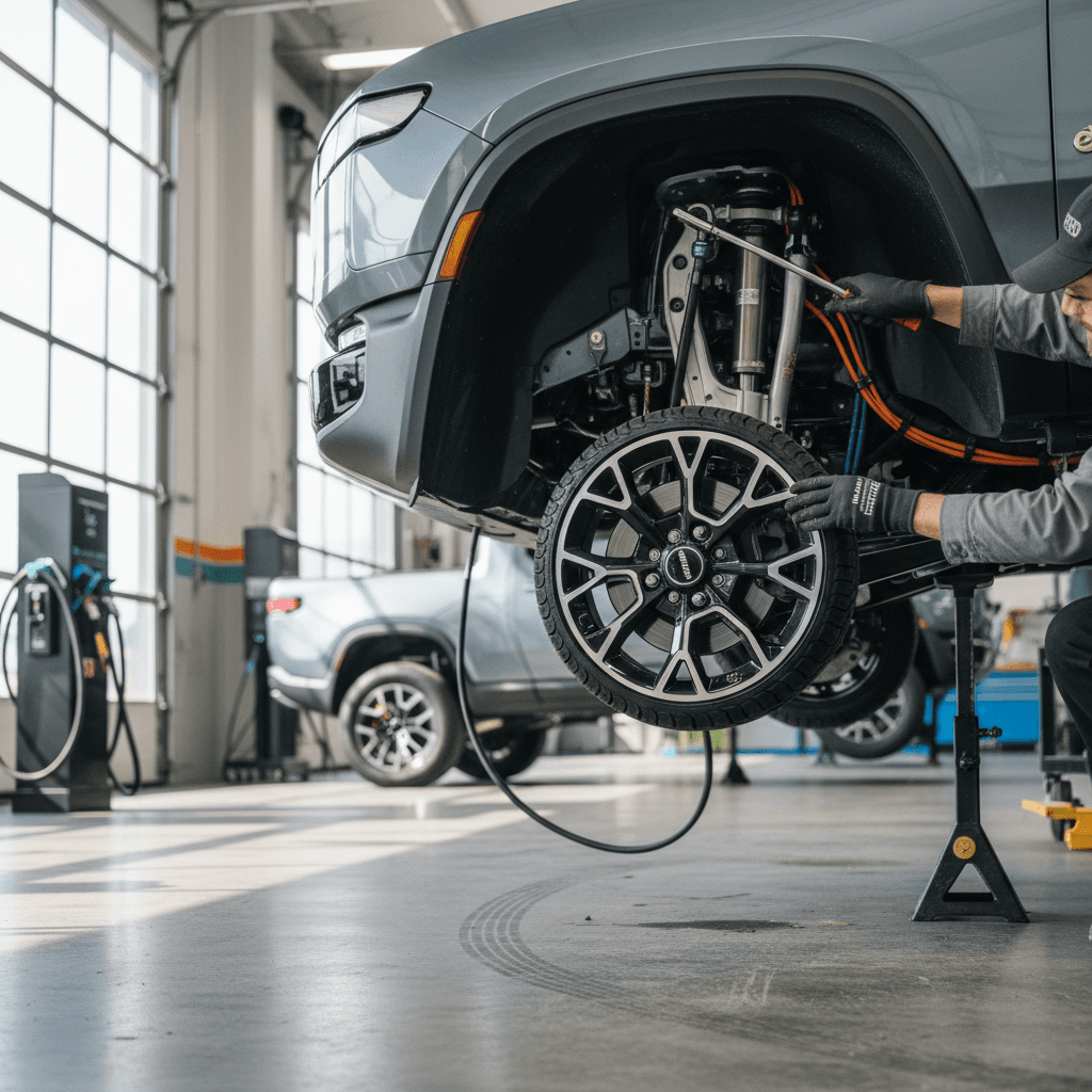 Technician inspecting the front suspension of a Rivian R1T on a lift in a modern EV service bay