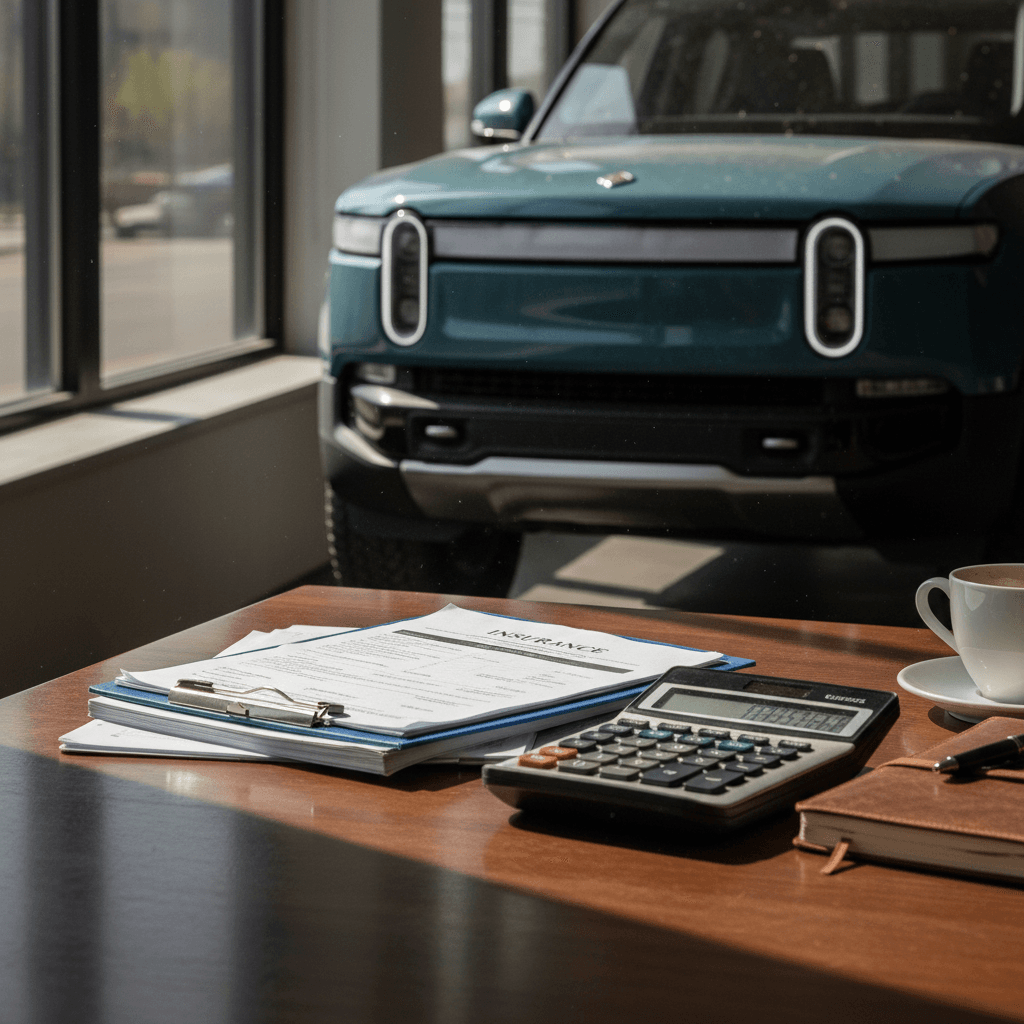 Rivian R1T owner reviewing insurance options with documents and a calculator on a desk