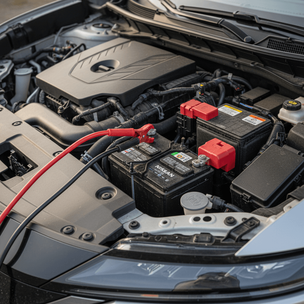 Technician connecting jumper cables to the 12V battery under the hood of a Nissan Ariya