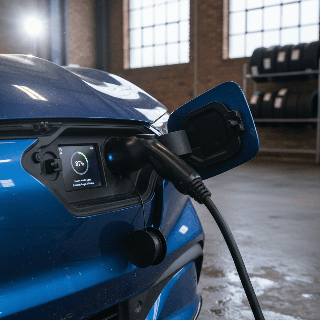 Ford Mustang Mach‑E being washed and detailed in a driveway before being photographed for sale