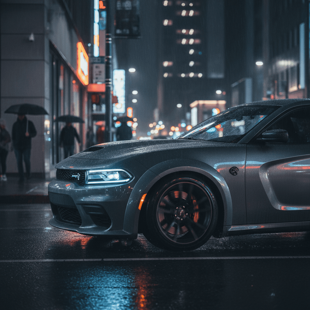 A performance electric car plugged into a fast-charging station at night