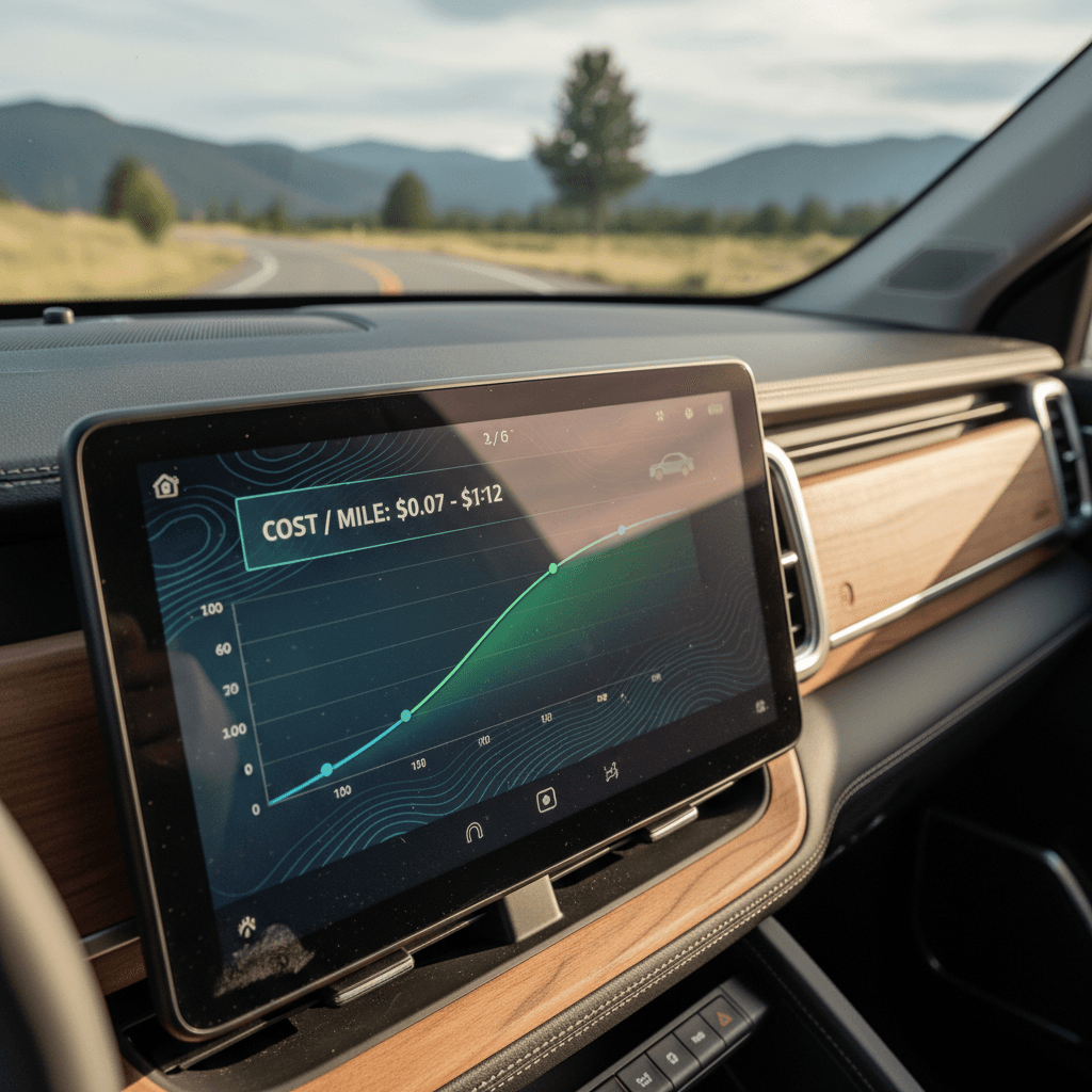 Rivian R1S digital instrument cluster showing energy use over recent trips and projected range