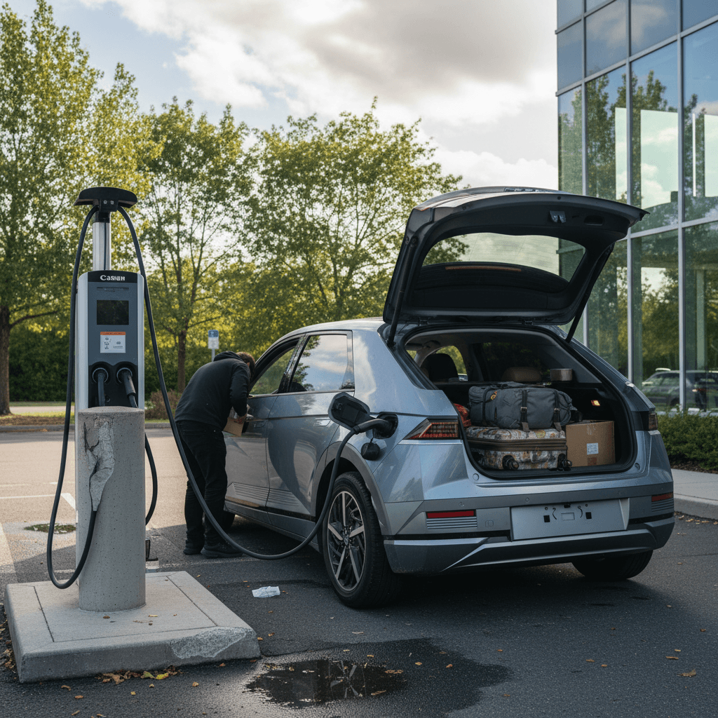 Hyundai IONIQ 5 charging at a DC fast charger while the owner loads luggage into the rear cargo area
