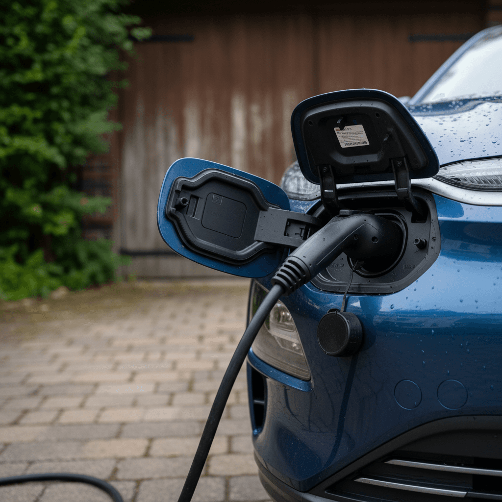 Charging cable plugged into the front fender charging port of a 2025 Hyundai Kona Electric in a residential driveway