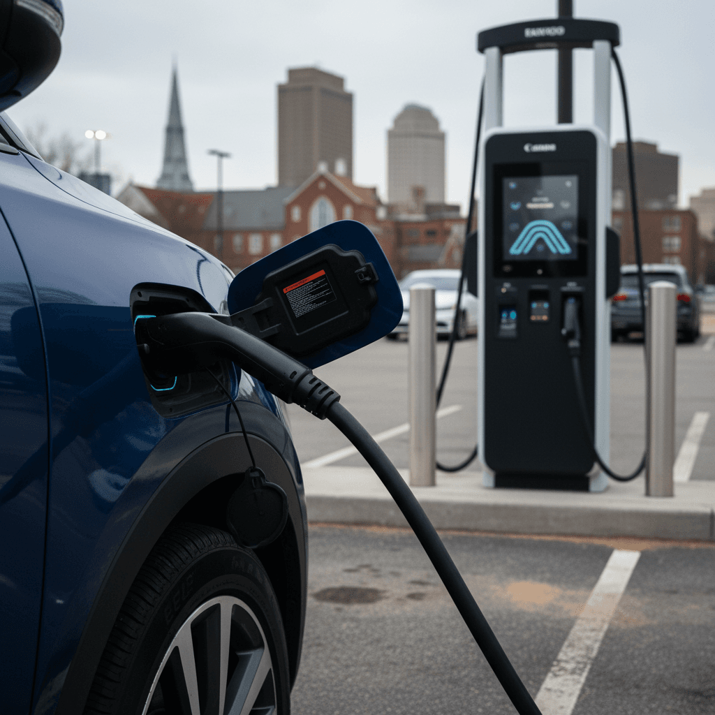 Electric vehicle connected to a Level 2 public charger in a small parking lot near downtown Charlottesville