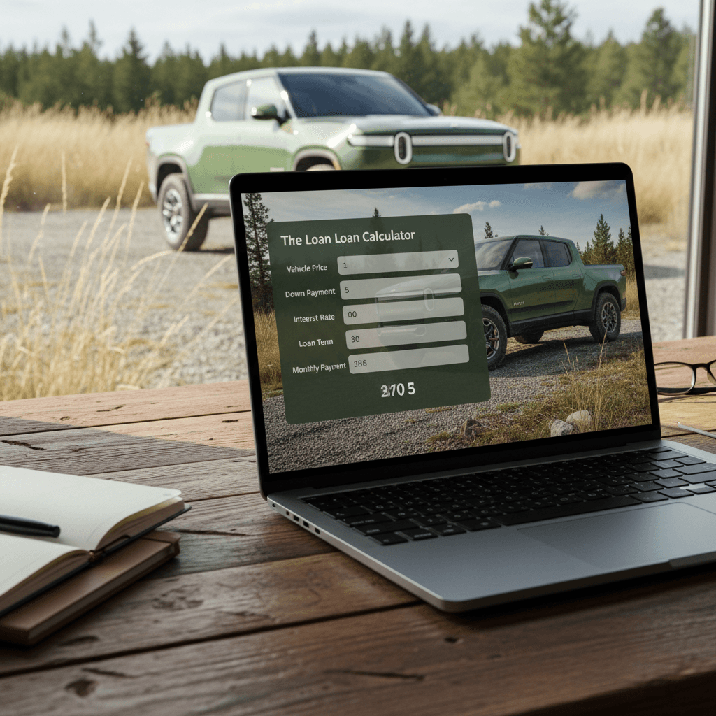 Laptop showing an auto loan calculator next to a Rivian R1T parked in a driveway