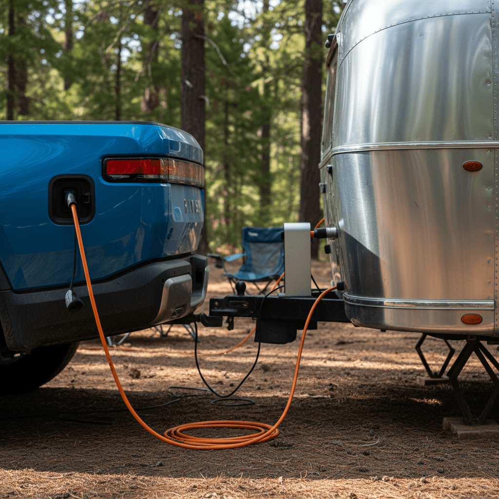 Rivian R1T backing a sleek travel trailer into a campsite, illustrating towing with reduced range