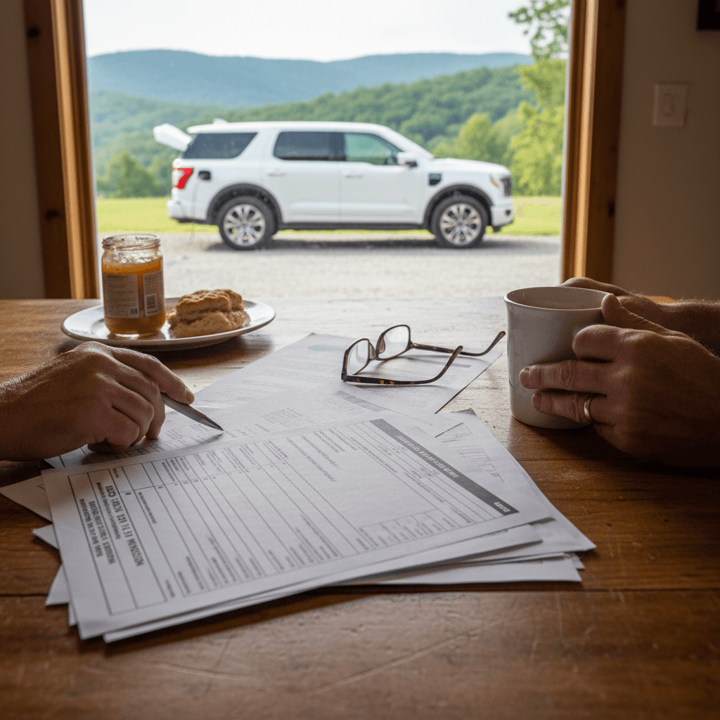 West Virginia family reviewing EV tax credit options at home with their electric vehicle parked outside