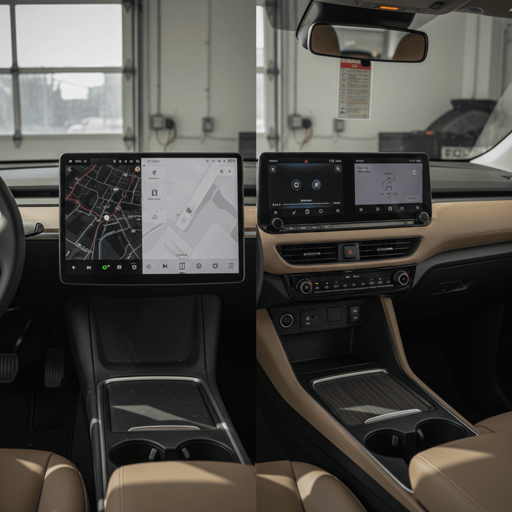 Tesla Model Y and Nissan Ariya interiors side by side, highlighting minimalist Tesla screen and more traditional Nissan dash with physical controls