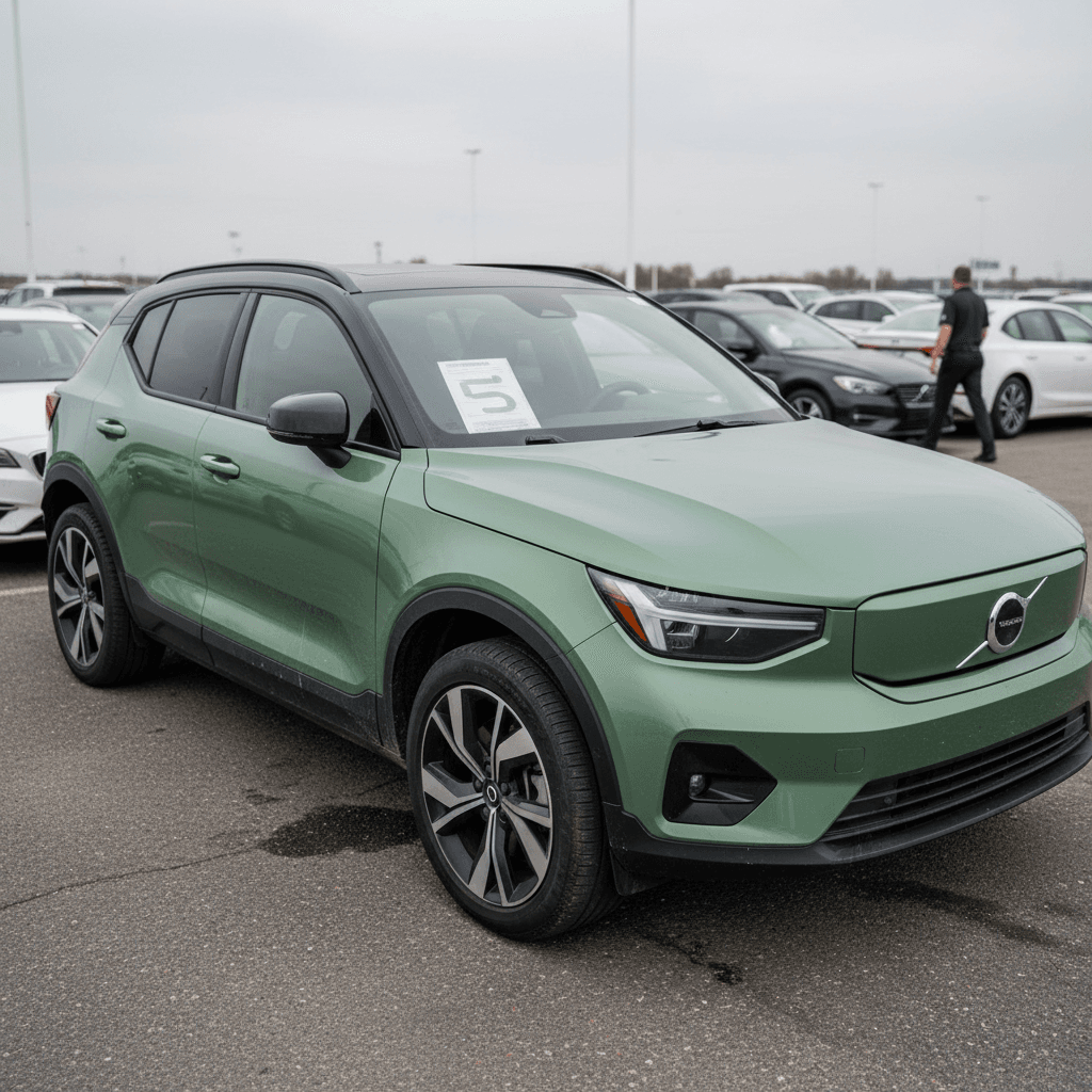 Row of used Volvo EX30 SUVs at a retailer with price tags displayed on windshields