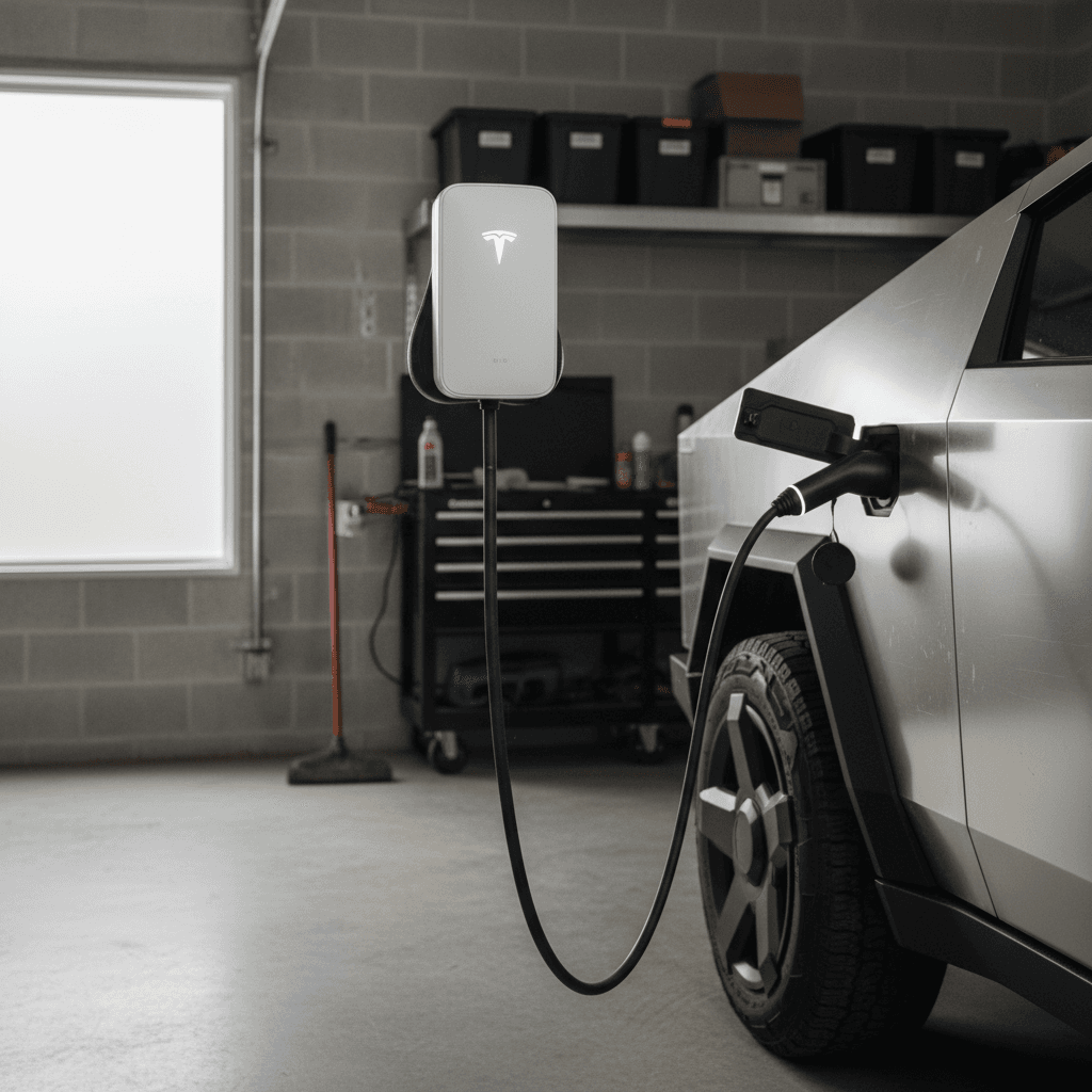 Tesla Cybertruck charging from a Tesla Wall Connector mounted in a modern home garage