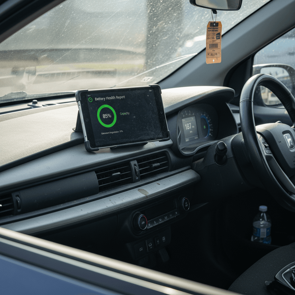 Used electric car interior with range estimate on screen and battery health report on a tablet