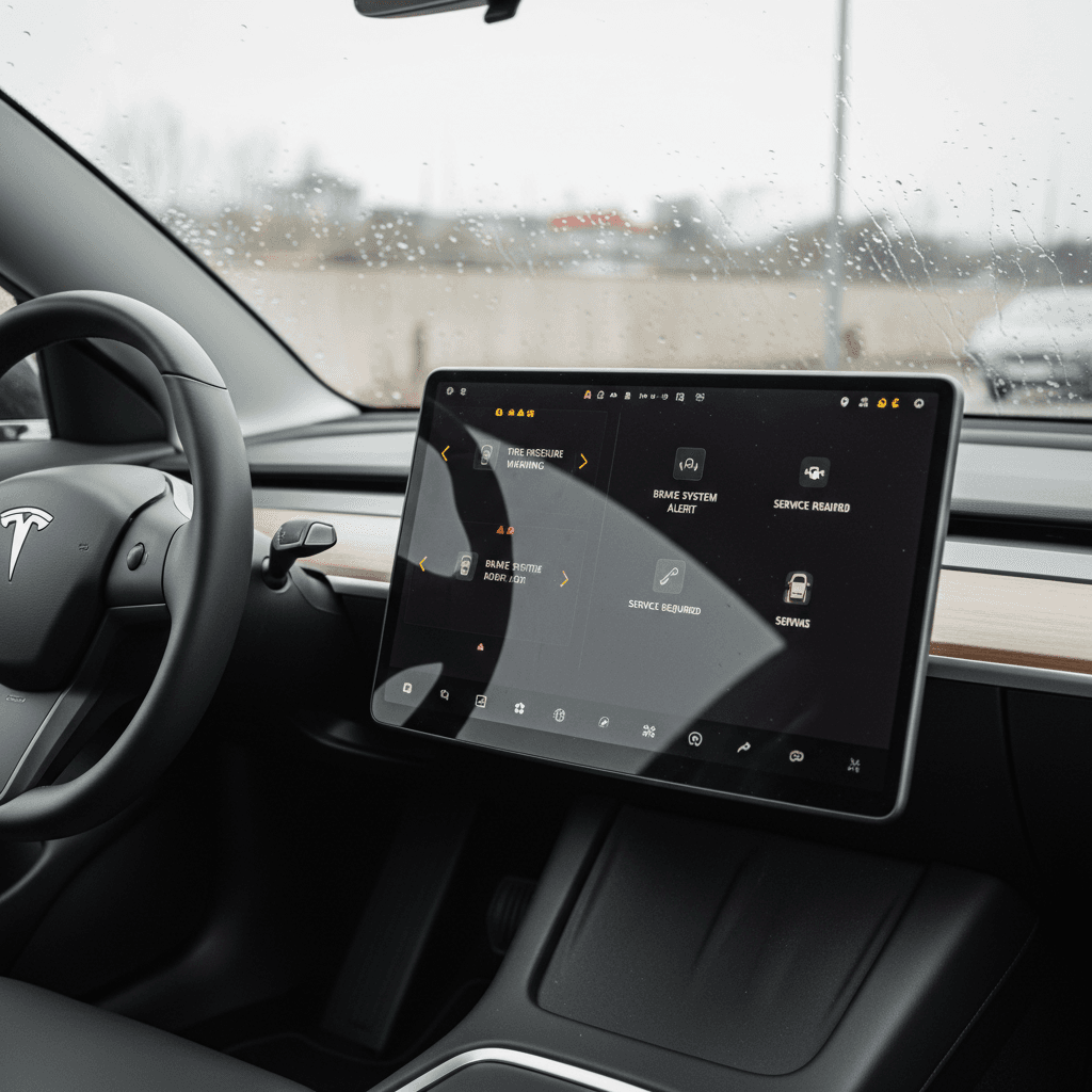Tesla Model 3 digital instrument display showing multiple warning lights and alerts on the touchscreen