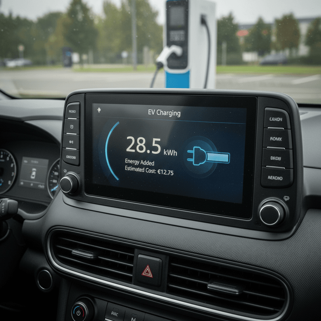 Close view of a Hyundai Kona Electric charging display showing added kilowatt‑hours and estimated cost for the charging session.