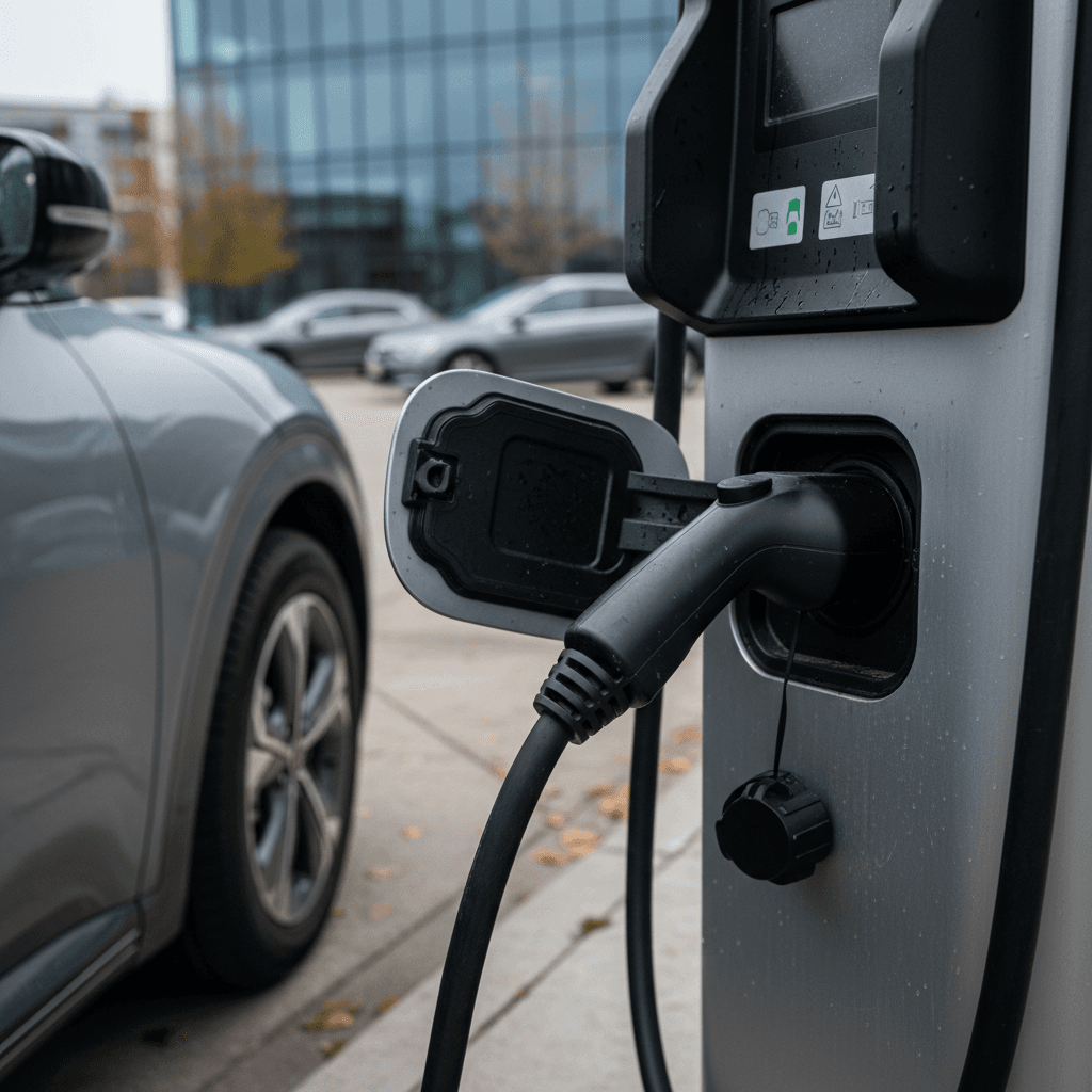 Close-up of a 2023 Kia EV6 plugged into a DC fast charger, showing the charging port and cable