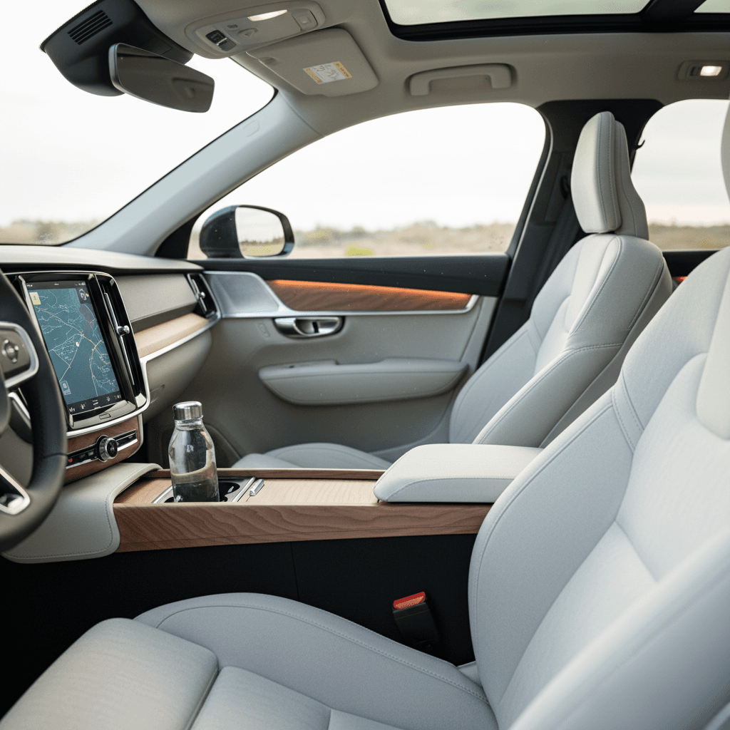 Luxurious Volvo EX90 interior with three rows of seats and a large central touchscreen, emphasizing minimalist Scandinavian design