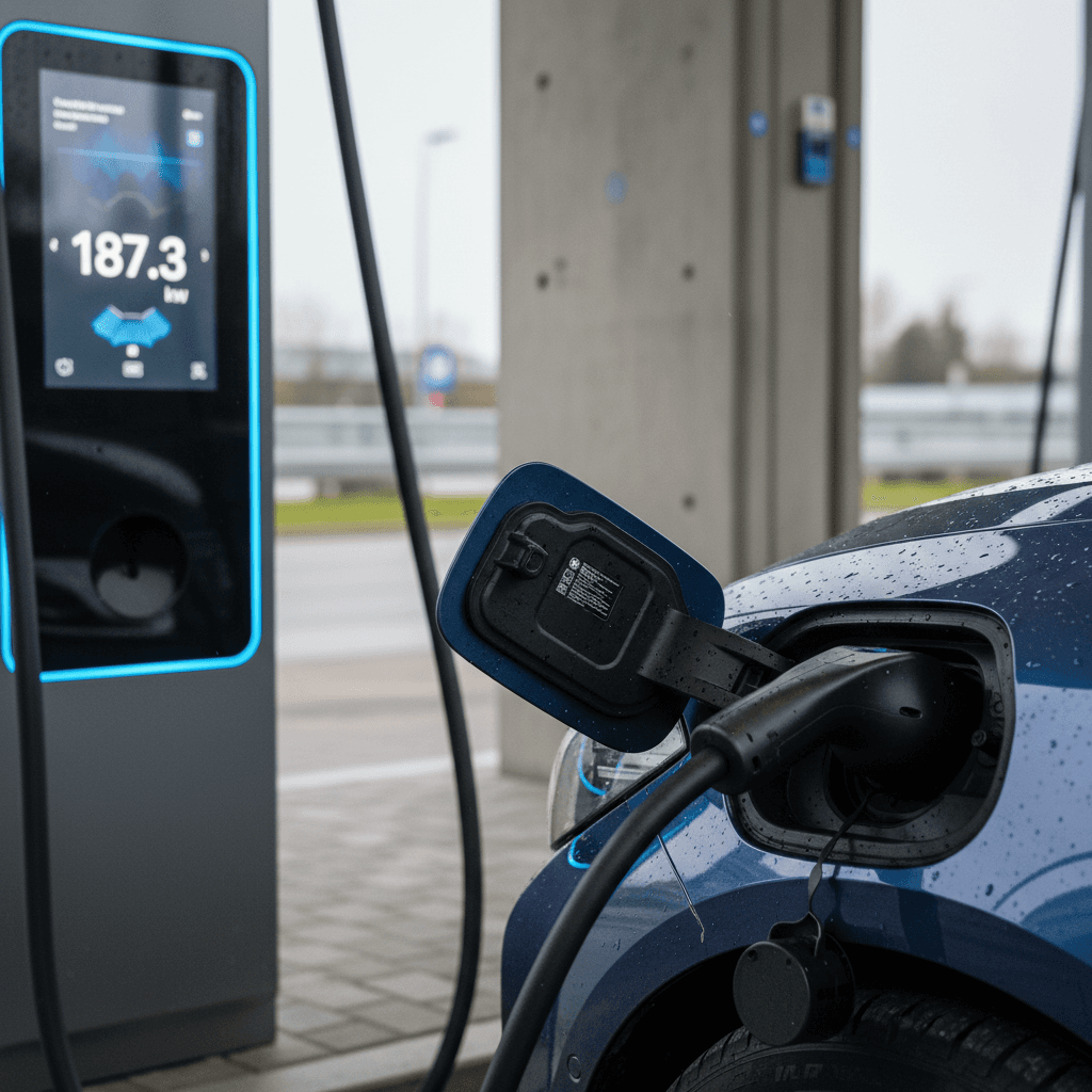 BMW i4 plugged into a CCS DC fast charger, station display showing over 180 kW charging power during a 10–80% session