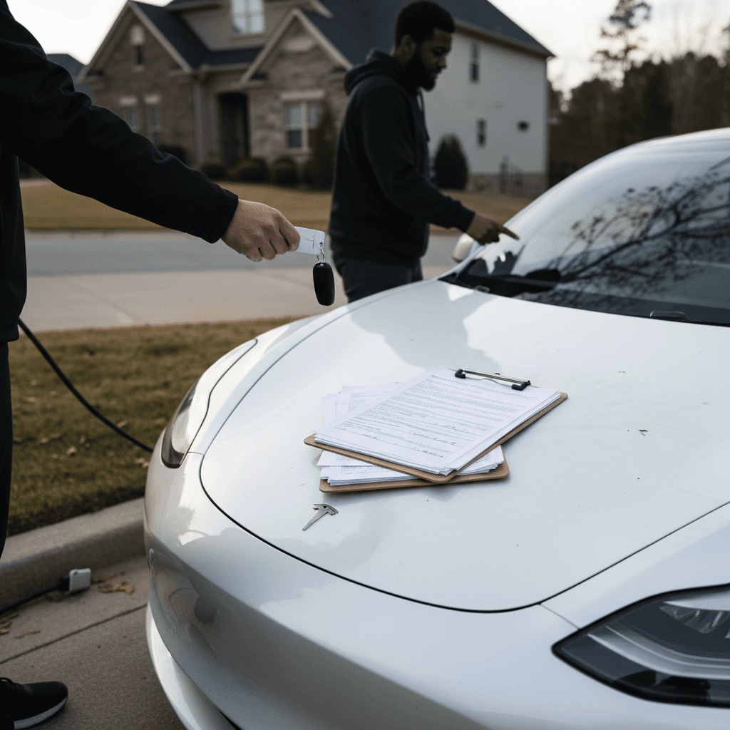 Owner handing keys and paperwork for a Tesla Model 3 to a buyer in a Georgia neighborhood
