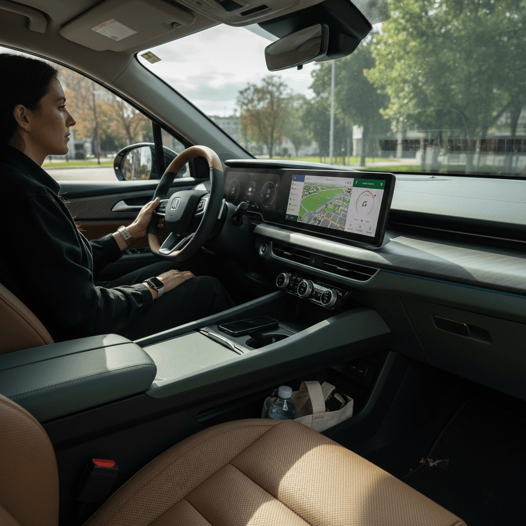 Driver-focused interior of a modern compact electric SUV with high seating position and easy-to-reach controls