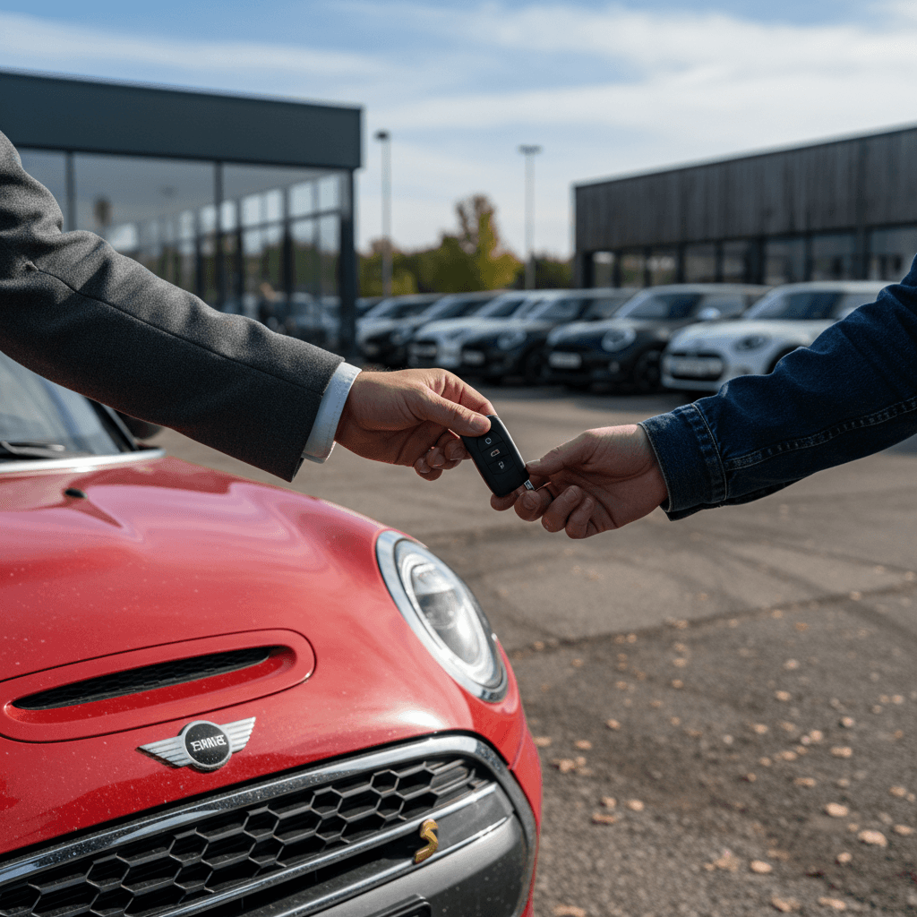 Seller handing keys of a Mini Cooper SE to a buyer at a used EV lot