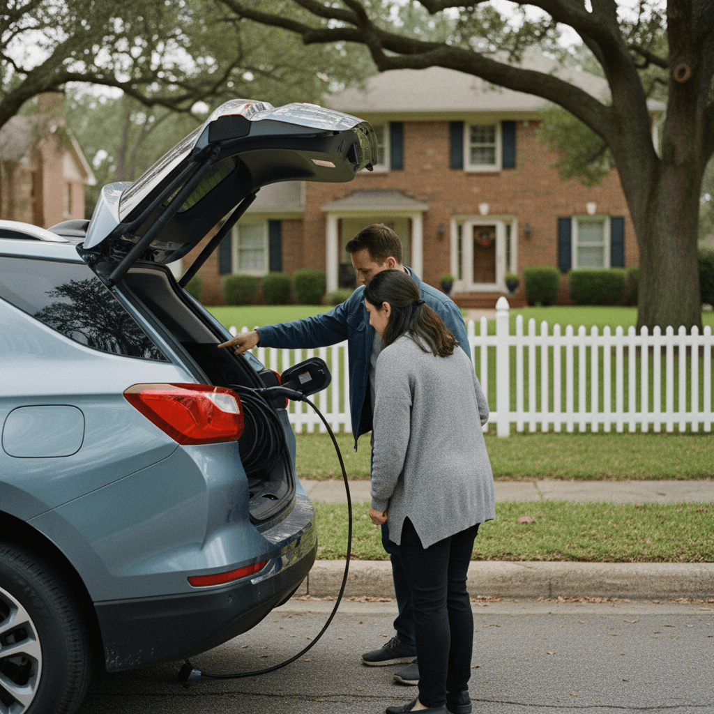 Prospective buyer inspecting a Chevrolet Equinox EV with the owner, focusing on the charging port and cable