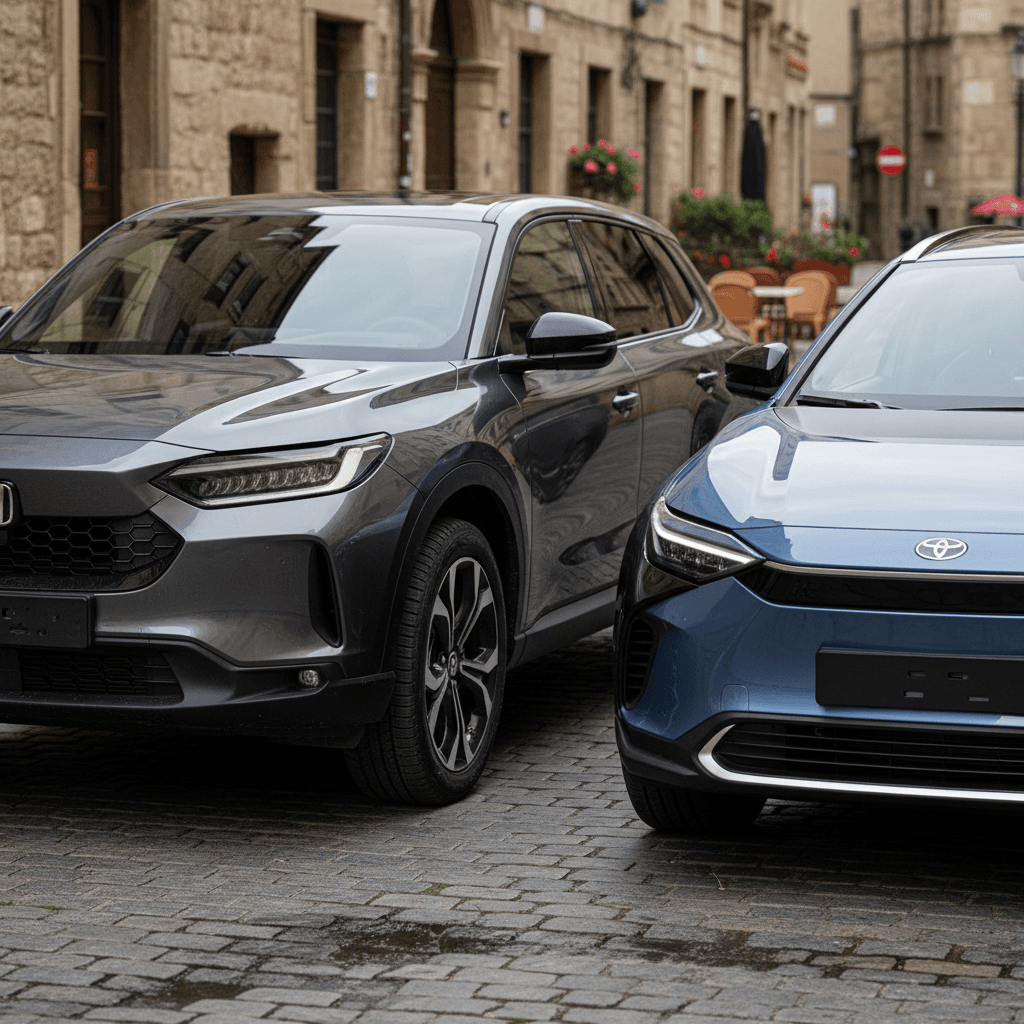 Side by side Honda Prologue and Toyota bZ4X electric SUVs highlighting size and styling differences in a parking lot